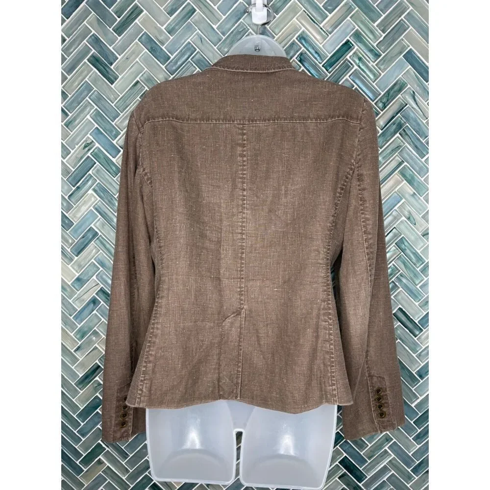 MICHAEL MICHAEL KORS WOMENS BROWN NEUTRAL LINEN BLEND FITTED JACKET BLAZER SZ 10